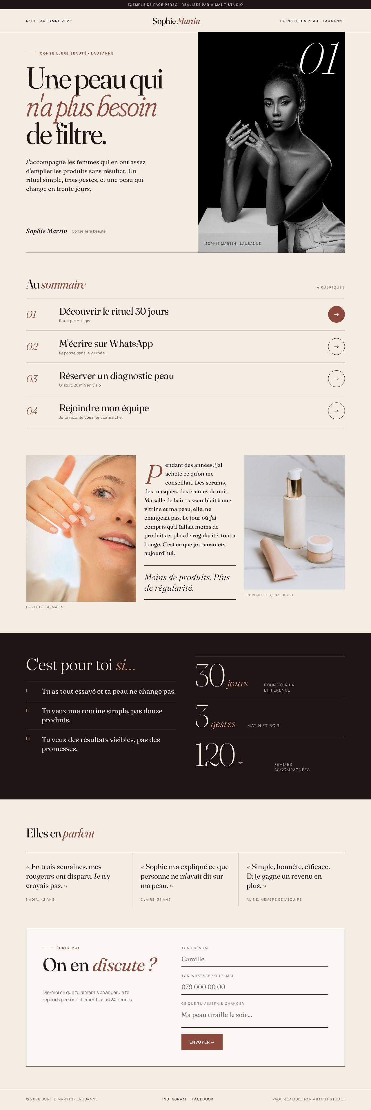 Rendu d'une page perso Aimant Studio, habillage éditorial